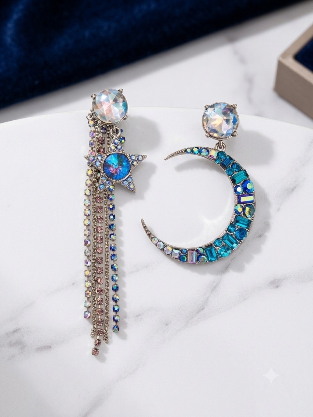 Betsey Johnson Iridescent Star & Crescent Moon Asymmetrical Earrings - Blue - Picture 4 of 11